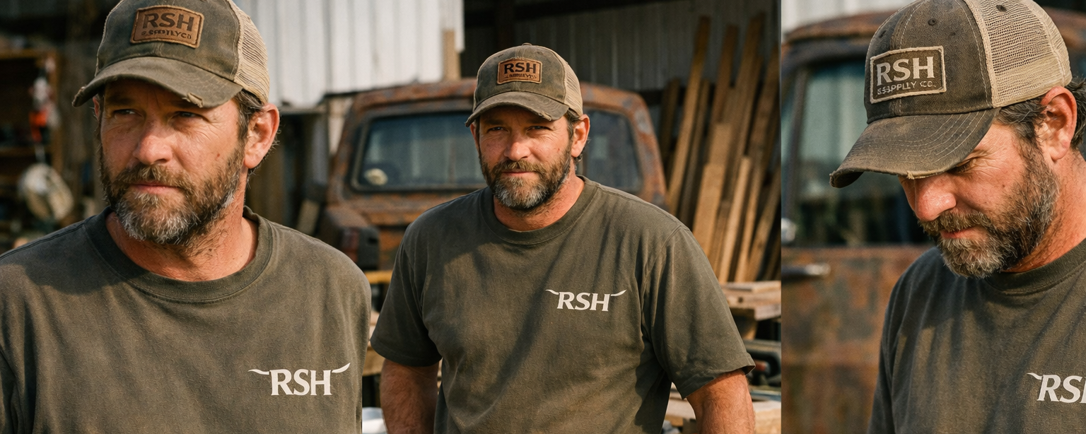 Man wearing an RSH cap and t-shirt in a workshop setting