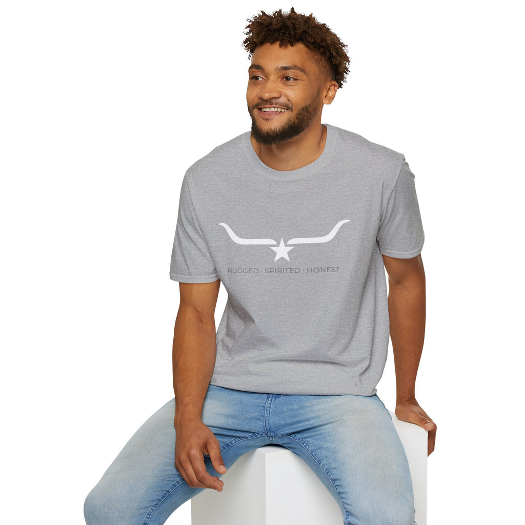 RSH Supply Co. gray short sleeve t-shirt featuring white longhorn star logo and ‘Rugged • Spirited • Honest’ slogan, worn by male model
